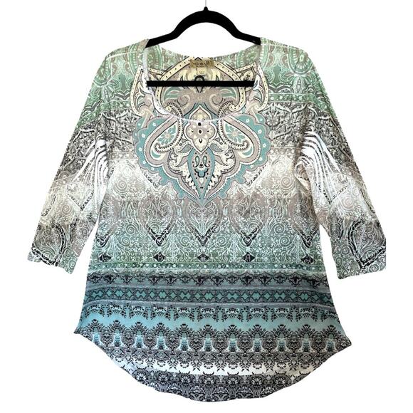 One World Teal Embellished Print Round Neck & Hem line 3/4 Sleeve Pullover Top L - Picture 1 of 6